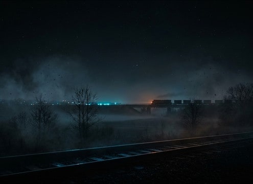 Night scene with distant train lights and horn in the background