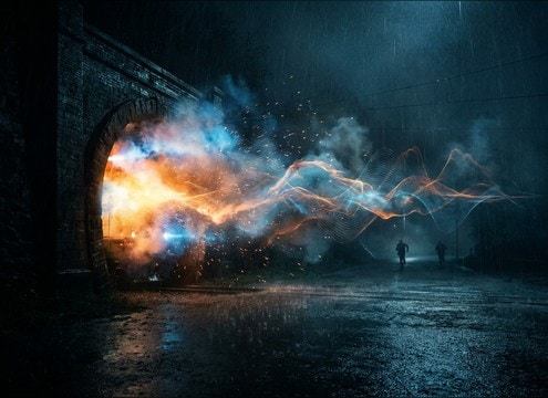 Audio drama script scene near train tracks with horn cue