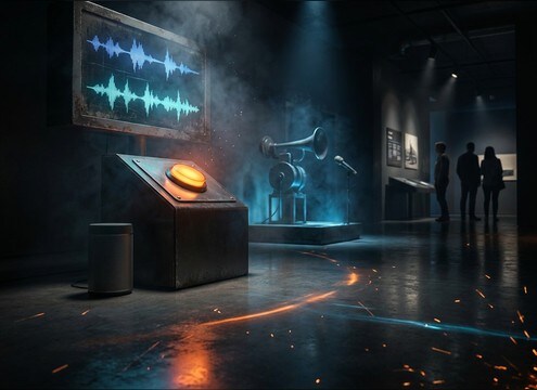 Interactive railway museum exhibit with a button for horn sound