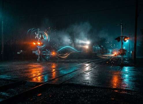 Railroad crossing bell and warning lights sound effect placement