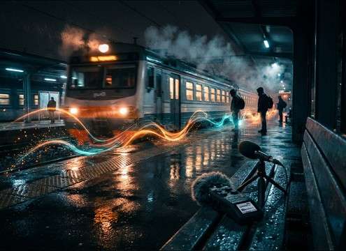 Train arriving at station platform with reverb tail sound