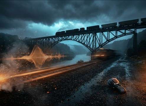 Distant freight train rumble ambience under exterior scene