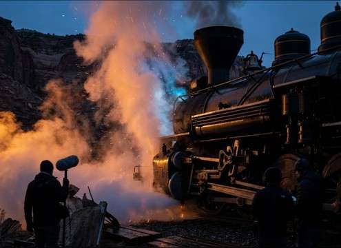 Close steam train whistle blast for western scene