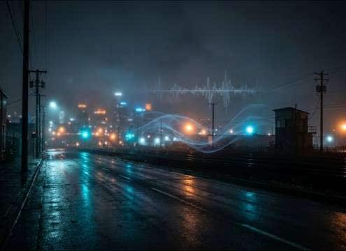 Distant night train whistle under city ambience
