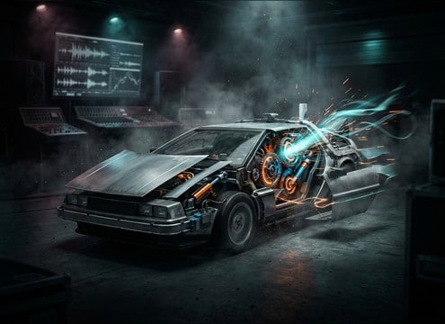 Vehicle morphing into robot with layered mechanical sound