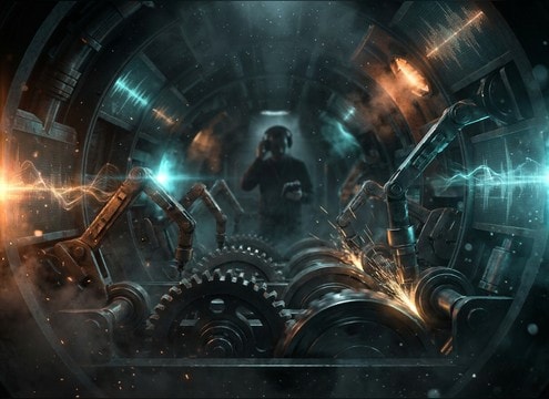Audio drama scene with alien machine transforming in a room
