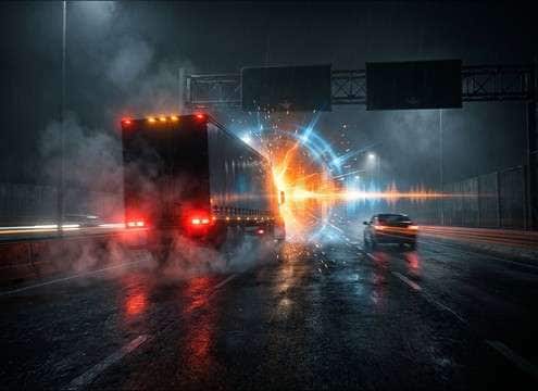 Truck horn blast timed to a highway near-miss scene