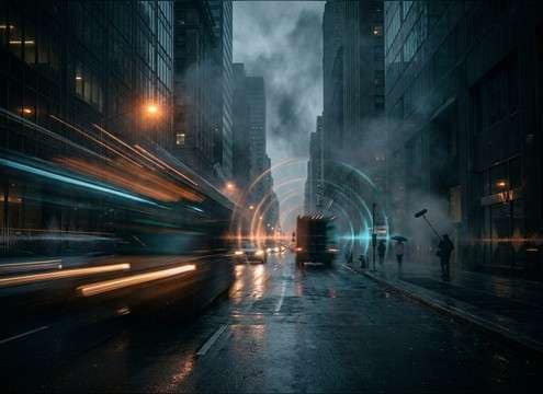 Urban street ambience with a reflected truck horn
