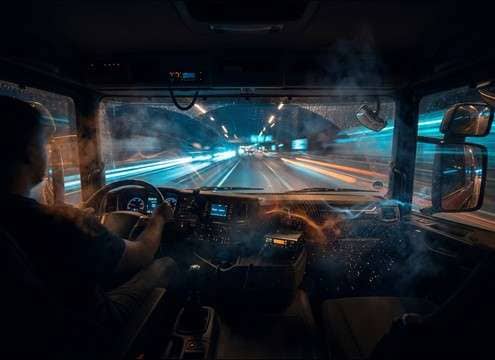 Muffled truck horn heard from inside a cab