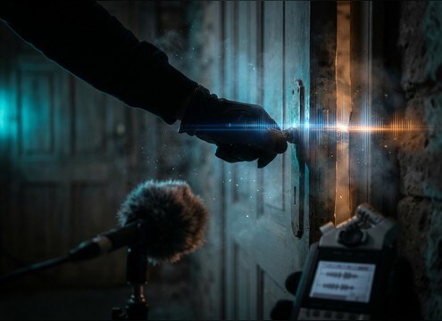 Door handle turn sound effects for on-screen foley
