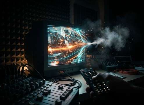 Editor placing a TV power off sound on a cut to black timeline