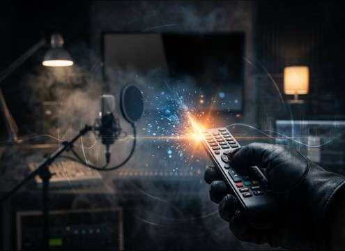 Close-up shot of a remote button press with synced audio cue