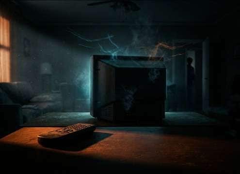 Dark living room after the TV turns off, leaving tense silence