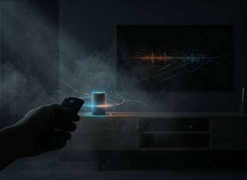 Smart home UI demo showing TV turning off with a feedback beep