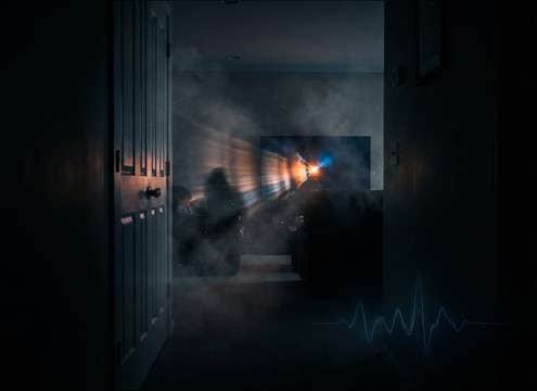 Audio drama scene map with TV off heard from a hallway