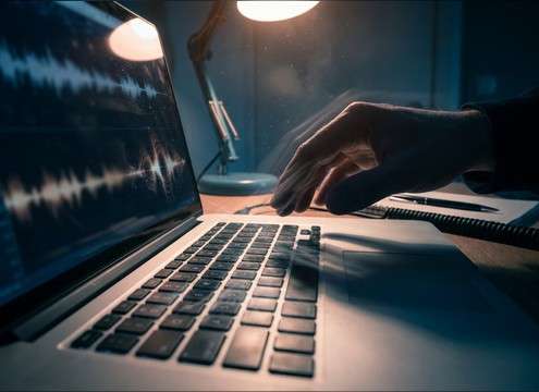 Close laptop typing sound for detective scene close-up