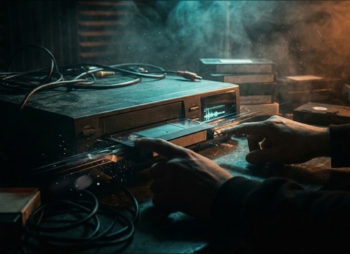 Eject clack sound synced to a VCR close-up shot