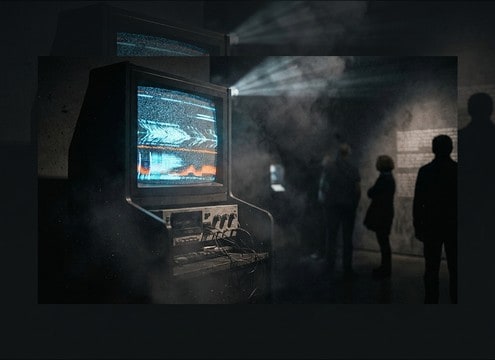 Loopable VHS hiss ambience for a museum display screen