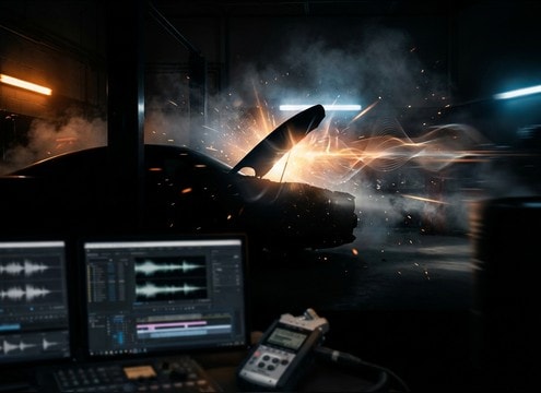Editor syncing a car reveal shot with a rev vroom sound