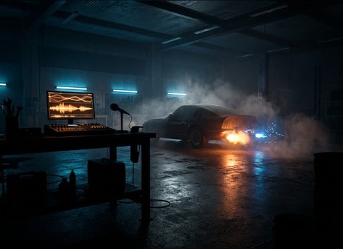 Garage scene with car ignition and rev vroom sound