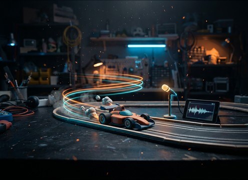 Animated toy car scene using a cartoon vroom sound
