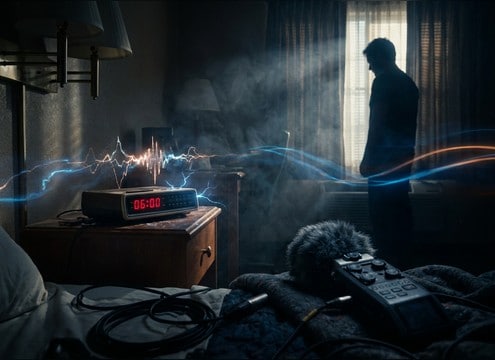 Clock radio wake-up buzz in a hotel room scene