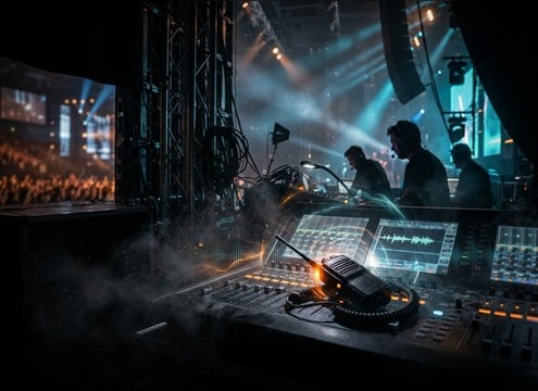 Event crew radio cues with PTT clicks and beeps