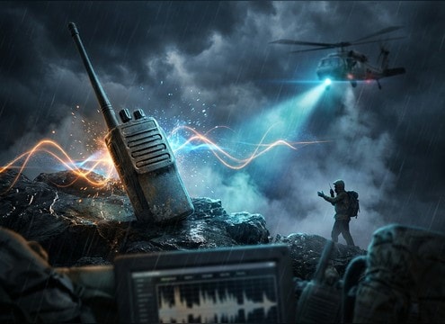 Rescue coordination radio audio with wind and static texture