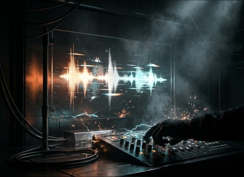 Futuristic comm channel audio with synthetic radio beeps
