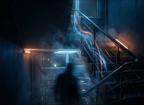 Footsteps in stairwell with echo tail