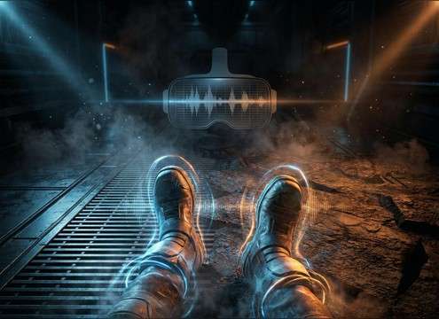 First-person VR walking audio switching between surfaces