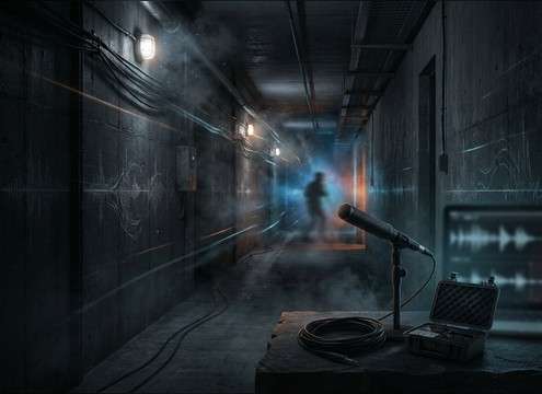 Distant footsteps moving down a long corridor
