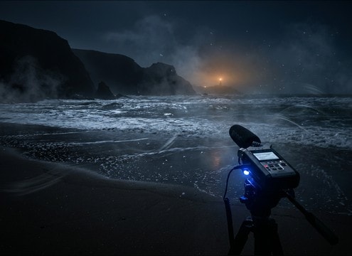 Ocean shoreline ambience under a wide beach shot