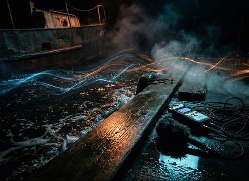 Water lapping against a dock near a boat