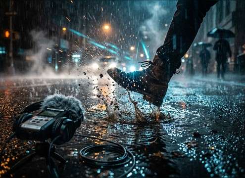 Character stepping into puddles with synced splash accents