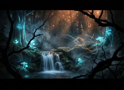 Fantasy forest waterfall ambience for a scene