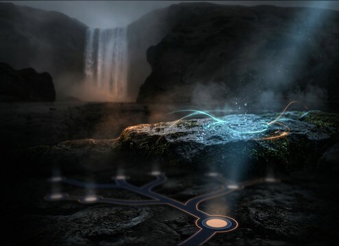 RPG location marker near a waterfall with matching distance audio