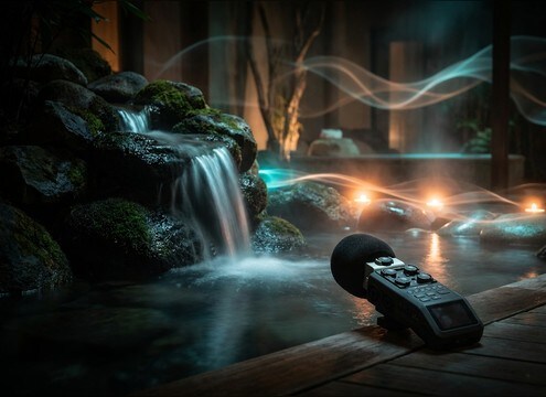 Spa ambience with gentle waterfall audio