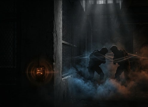 Distant hallway whisper SFX for stealth gameplay moment
