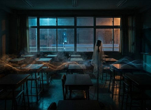 Crowd whisper bed under a classroom hush scene