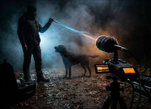 Dog training scene using a short attention whistle
