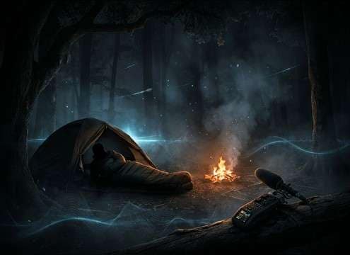 Subtle distant wolf howls layered into a camping night soundscape