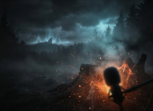Distant wolf howl under a horror night exterior scene