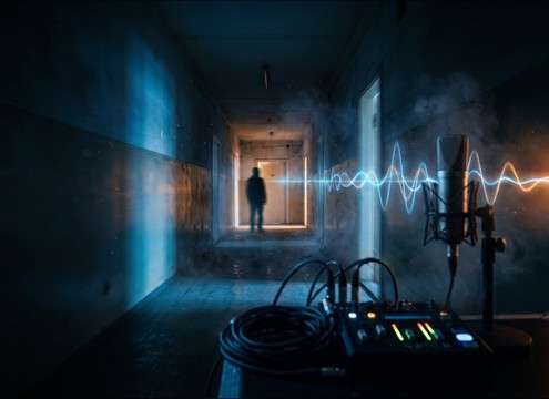 Hallway scene with distant crying behind a door