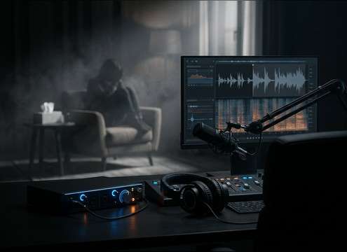 Therapy office scene with restrained crying sound design