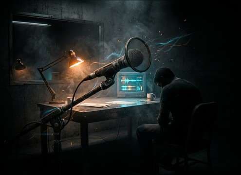 Interrogation room scene with choked sob accents