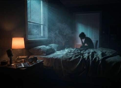 Bedroom audio drama scene with intimate crying ambience