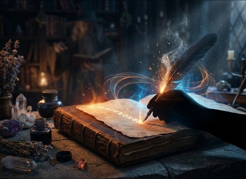 Fantasy spellbook writing sound with quill style texture