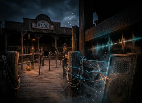 Theme park queue ambience with distant yeehaw calls