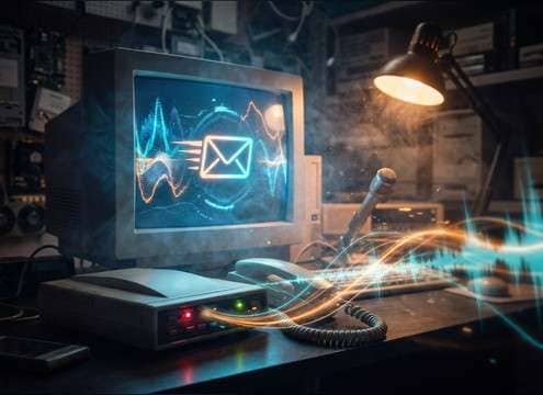 Retro computer scene with a classic email alert sound cue